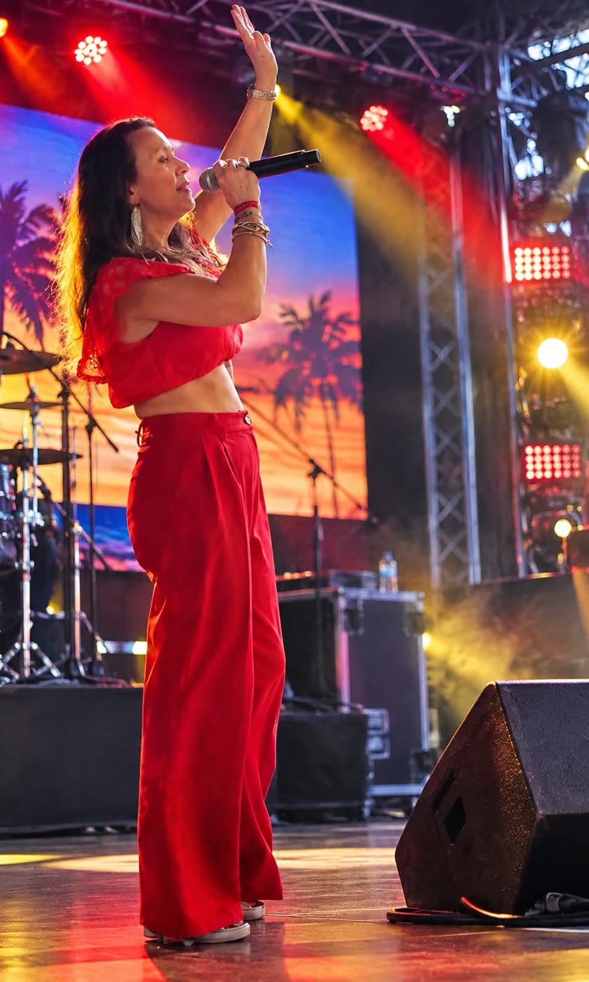 Angelica in rode outfit op een festivalpodium